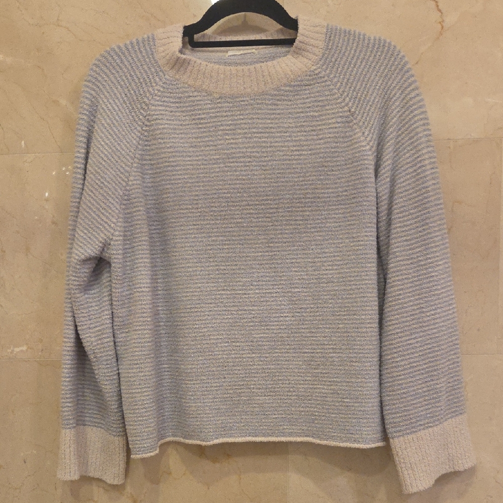 WOMEN'S OYSHO BLUE & WHITE PINSTRIPE FLEECE SWEATER SWEATSHIRT PULLOVER SZ M $40